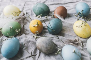 Mutlu Paskalyalar! Paskalya yumurtaları ve yumuşak çiçekli çarşaf peçeteleri. Şık doğal boyalı pastel renkli yumurta, bahar çiçekleri ve tüy kompozisyonu. Kırsal yaşam