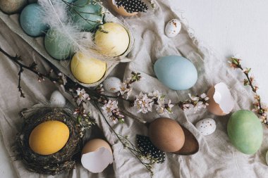 Mutlu Paskalyalar! Lüks paskalya düzlükleri. Doğal boyanmış renkli yumurtalar, kiraz çiçekleri, tüyler ve beyaz kırsal masadaki keten kumaş üzerindeki yuva kompozisyonu. Kırsal kesimde hayat