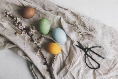 Paskalya yumurtaları ve kiraz çiçekleri kırsal çarşaf kumaşında. Mutlu Paskalyalar! Doğal renklerle boyanmış pastel yumurtalar, bahar çiçekleri ve makas kırsal kompozisyonu. Kırsal kesimde hayat