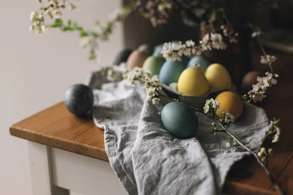 复活节彩蛋放在带有樱花的乡村餐桌上 复活节快乐 在乡村房间里的纸盘里 用亚麻布餐巾和春花把彩蛋染成自然的颜色 乡村静谧的生活 — 图库照片