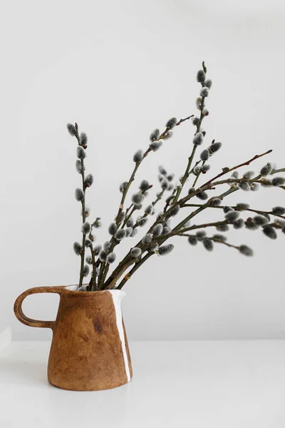 Modern Rustic Easter Still Life Willow Branches Stylish Vase Wooden — Foto de Stock