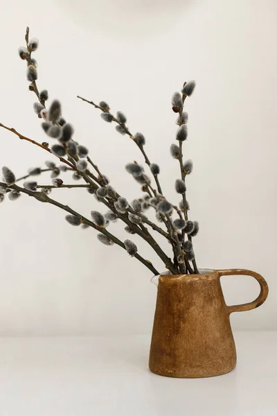 Modern Rustic Easter Still Life Willow Branches Stylish Vase Wooden — стоковое фото