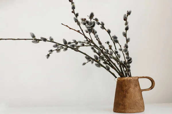 Modern Rustic Easter Still Life Willow Branches Stylish Vase Wooden — Fotografia de Stock