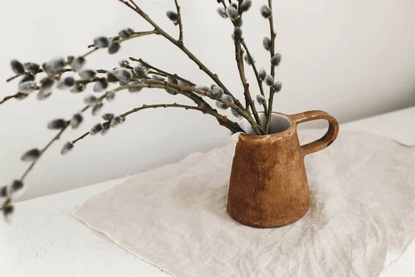 Modern Rustic Easter Still Life Willow Branches Stylish Vase Wooden — Zdjęcie stockowe