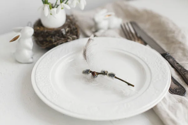 Stylish Easter Table Setting Pussy Willow Branch Feather Modern Plate — Foto Stock