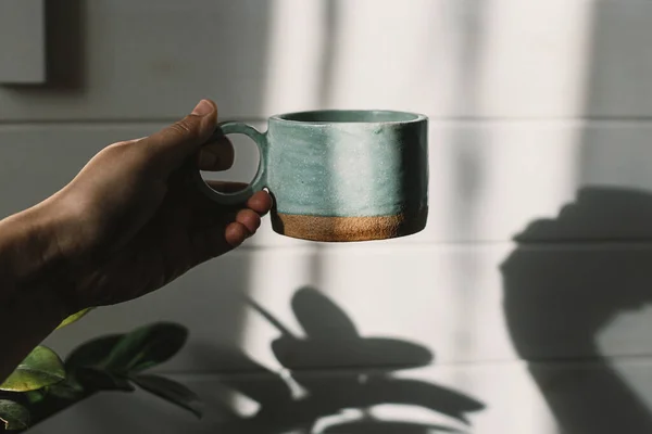 太陽の下でスタイリッシュなカップを保持手 植物とスタイリッシュな日当たりの良いブーホールームで女性の手に現代のセラミックミニマリストカップ モーニングコーヒーの美学 — ストック写真
