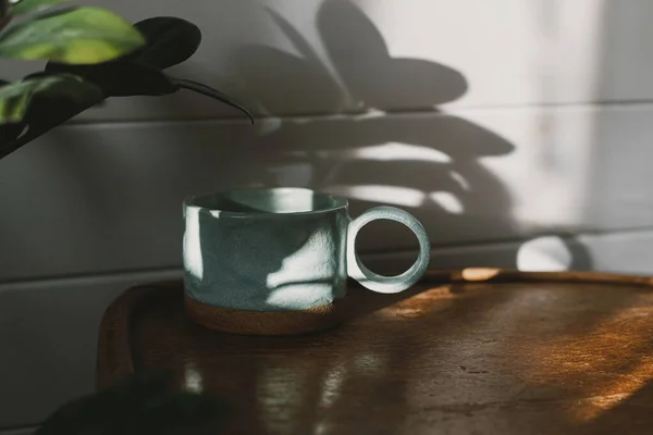 在阳光下的格调杯和乡村背景下的阴影 现代陶瓷简约杯在木制椅子上 在时尚的阳光普照的房间里与植物同在 清晨咖啡美学 — 图库照片
