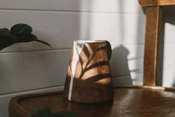 Современный Керамический Чайник Солнечном Свете Деревенском Деревянном Стуле Тени Листьев — стоковое фото