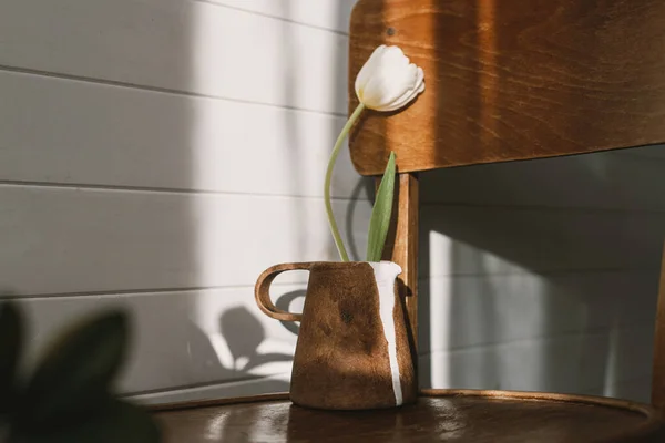 Tulip Putih Bergaya Dalam Ketel Keramik Modern Bawah Sinar Matahari — Stok Foto