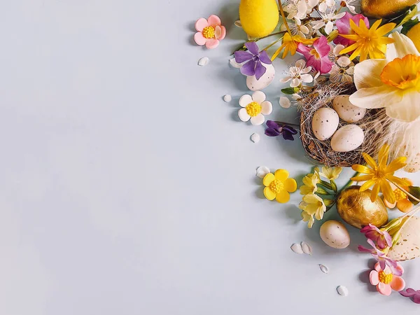 Mutlu Paskalyalar! Yuvada zarif paskalya yumurtaları, tüyler, mavi arka planda bahar renkli çiçekler. Metin için yeri olan düz bir yer. Sezonun tebrik kartı. Paskalya bayrağı, mobil fotoğraf