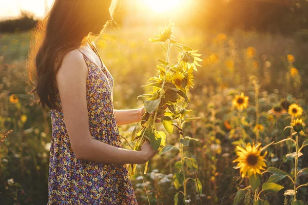 Beautiful Woman Gathering Sunflowers Warm Sunset Light Summer Meadow Stylish — стоковое фото