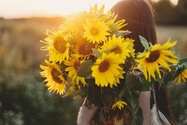 Beautiful Sunflowers Woman Hands Warm Sunset Light Summer Meadow Tranquil — стоковое фото