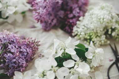 Güzel leylak çiçekleri, elma çiçekleri ve keten kumaşta taç yaprakları. Kırsal alanda bahar çiçekleri hala hayat dolu. Taç yaprakları kapanıyor. Anneler günün kutlu olsun.