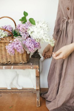 Hasır sepetteki güzel leylak çiçeklerine yavru kediyi okşayan bir kadın. Evdeki leylakların arka planında sahibinin elleriyle oynayan sevimli meraklı kedi.