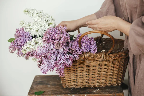 Kırsal Odada Sepette Güzel Leylak Çiçekleri Olan Şık Bir Kadın — Stok fotoğraf
