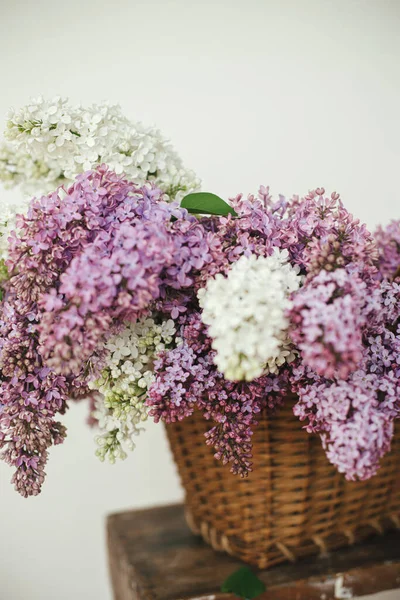 Prachtige Lila Bloemen Rieten Mandje Houten Stoel Lente Rustieke Stilleven — Stockfoto