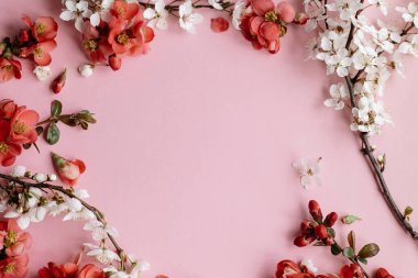 Pembe arka planda şık bir bahar çiçeği kompozisyonu. Kırmızı çiçekler ve kiraz çiçeği çerçevesi. Çiçekli tebrik kartı şablonu, mesaj için yer var. Anneler günün kutlu olsun ve kadınlar günün kutlu olsun.