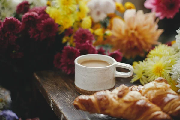 Warm Cup Coffee Freshly Baked Croissants Rustic Wooden Background Beautiful — Stockfoto