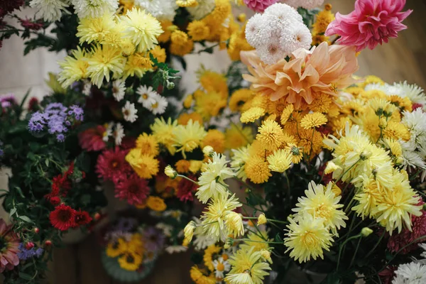 Stylish Fall Bouquets Yellow Pink Asters Dahlias Hello Autumn Floral — 스톡 사진