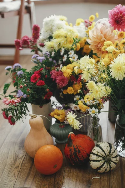 Hola Otoño Elegantes Calabazas Entre Hermosas Flores Otoño Sobre Fondo — Foto de Stock