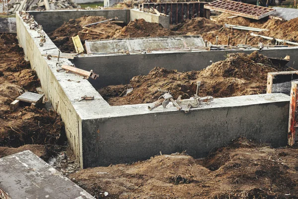 Concrete Foundation Reinforcement Metal Slab Construction Site Process House Building — Zdjęcie stockowe