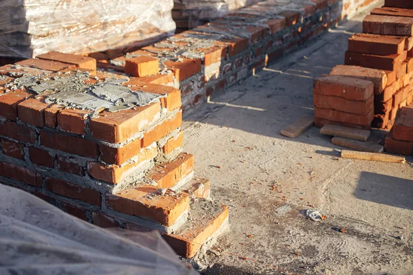 Alvenaria Tijolos Com Cimento Fundação Concreto Processo Construção Casa Tijolos — Fotografia de Stock