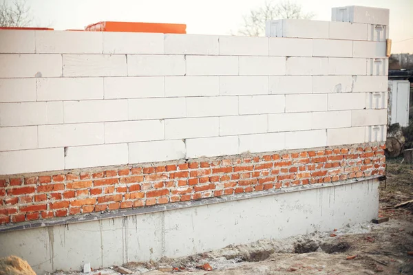 Masonry Autoclaved Aerated Concrete Blocks Bricks Concrete Foundation Laying White — Stockfoto