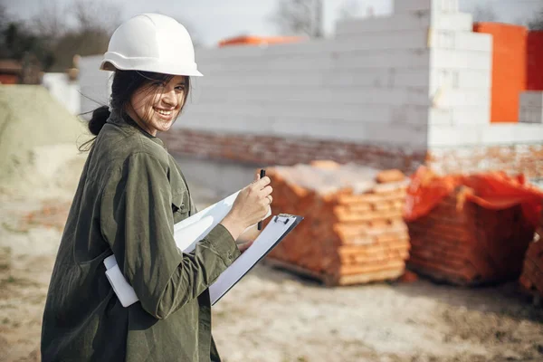 Stylish Happy Woman Architect Blueprints Plans Construction Site Young Female —  Fotos de Stock
