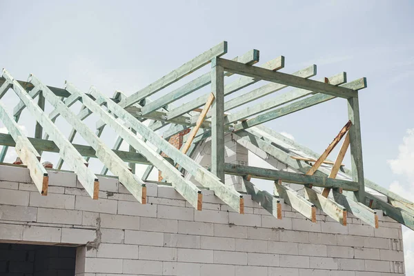 Unfinished Modern Farmhouse Building Wooden Roof Framing Mansard Dormer Aerated — Zdjęcie stockowe