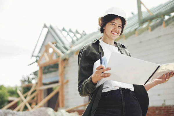 Stylish Happy Woman Architect Checking Blueprints Modern Farmhouse Construction Site — Photo