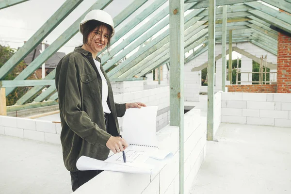 Stylish Happy Woman Architect Checking Blueprints Wooden Roof Framing Modern — Photo