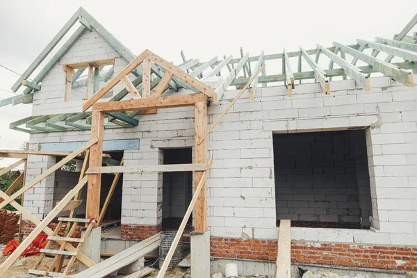 Unfinished Modern Farmhouse Building Wooden Roof Framing Mansard Dormer Aerated — Photo