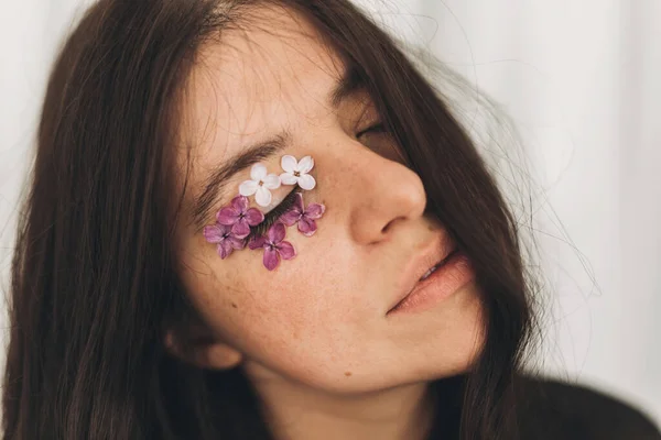 Beautiful Sensual Woman Lilac Petals Closed Eyes Moody Portrait Young — Stock Photo, Image