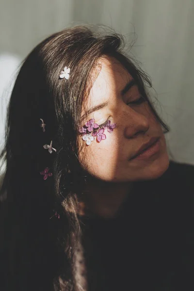 Beautiful Sensual Woman Lilac Petals Face Hair Sunlight Moody Portrait — Stock Photo, Image