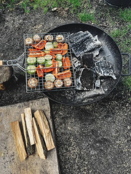 Pique Nique Été Griller Les Légumes Sur Bol Feu Dans — Photo