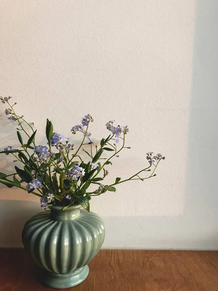 美丽的蓝色春花在窗台上的花瓶里 黄昏的阳光映衬在墙上 忘了我吧大气图像 创意春天的细节 垂直电话照片 — 图库照片