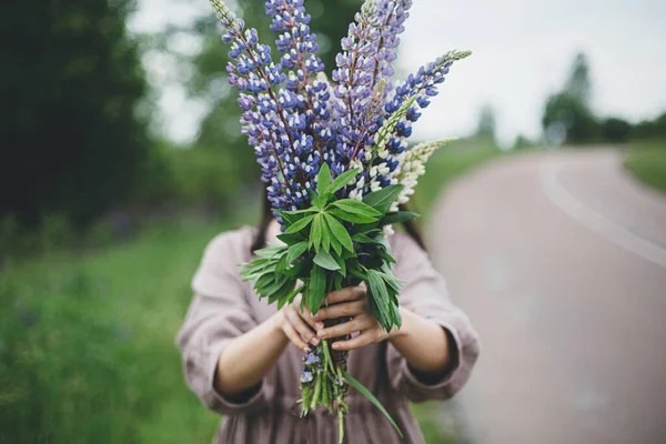 Lupine Bouquet Woman Hands Close Summer Countryside Cottagecore Aesthetics Young — Stock Photo, Image