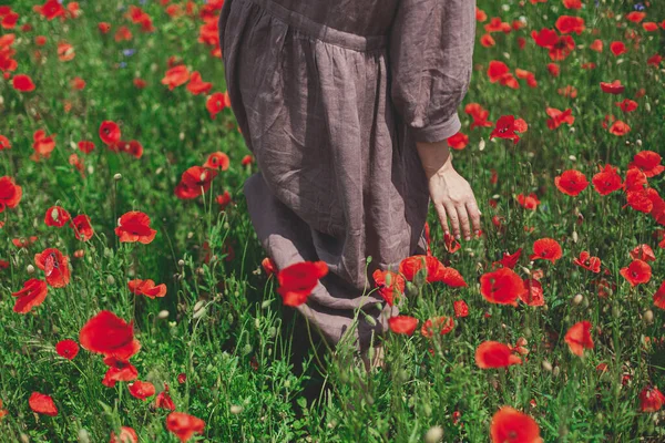Cottagecore Estetiği Kırsal Elbiseli Bir Kadının Güneşli Tarlada Kırmızı Haşhaş — Stok fotoğraf