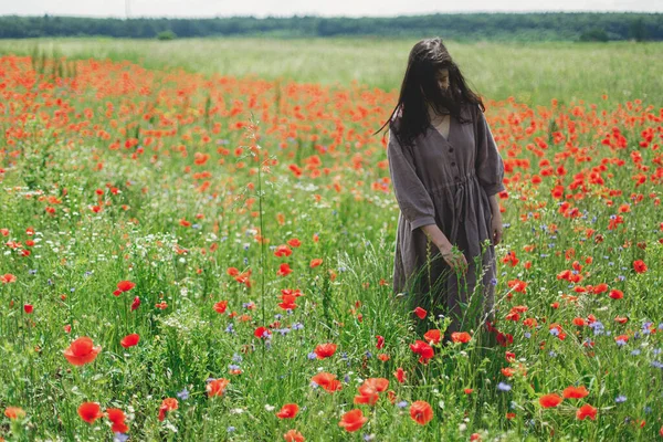 Αισθητική Cottagecore Κομψή Γυναίκα Ρουστίκ Φόρεμα Που Περπατάει Κόκκινο Χωράφι — Φωτογραφία Αρχείου