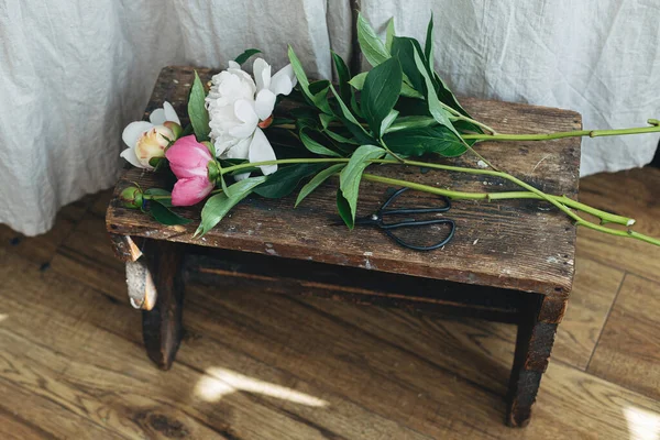 Schöne Pfingstrosen Und Scheren Auf Rustikalem Holzgrund Boho Zimmer Sommerblumen — Stockfoto