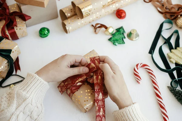 Hands Wrapping Stylish Christmas Gift Flat Lay Person Preparing Modern — 스톡 사진