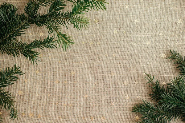 Fir Branches Border Golden Rustic Background Christmas Tree Branches Festive — Φωτογραφία Αρχείου