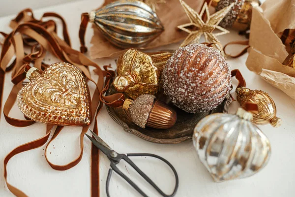 Stylish Vintage Christmas Ornaments Golden Baubles Craft Paper Ribbons Scissors — стоковое фото