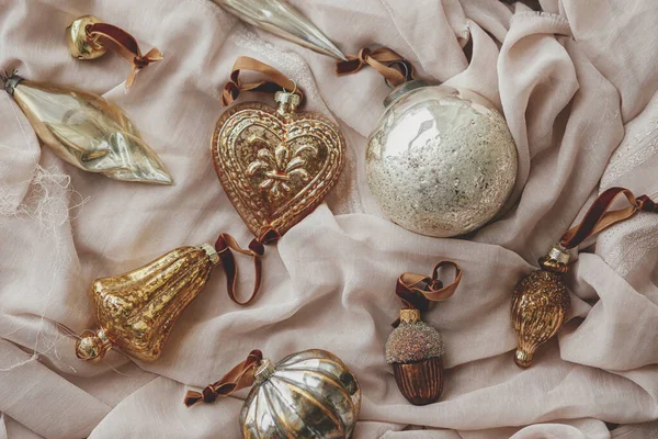 Stylish Christmas Flat Lay Vintage Ornaments Soft Pastel Cloth Merry — Φωτογραφία Αρχείου