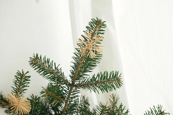 Stylish Straw Ornaments Fir Branches Festive Room Simple Eco Decoration — стокове фото