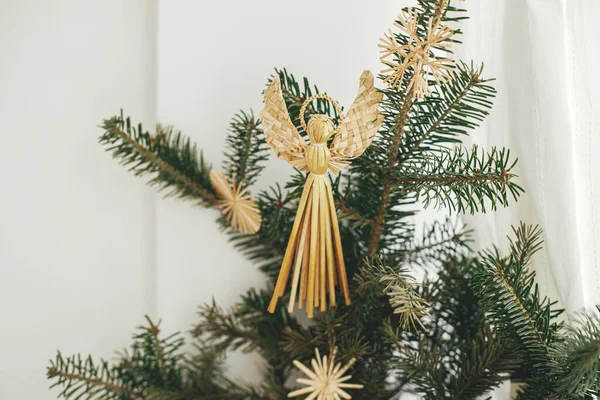 Stylish Straw Ornaments Fir Branches Festive Room Simple Eco Decoration — Fotografia de Stock