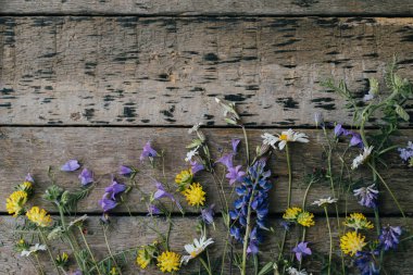 Beautiful wildflowers flat lay on rustic wooden background. Gathering and arranging flowers at home in countryside. Colorful summer wild flowers bouquet composition