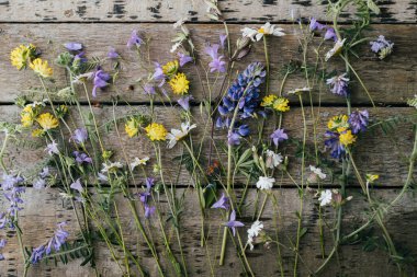 Beautiful wildflowers flat lay on rustic wooden background. Gathering and arranging flowers at home in countryside. Colorful summer wild flowers bouquet composition