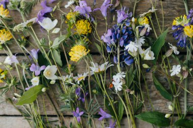 Beautiful summer wildflowers flat lay on rustic wooden background. Gathering and arranging flowers at home in countryside. Colorful wild flowers bouquet composition