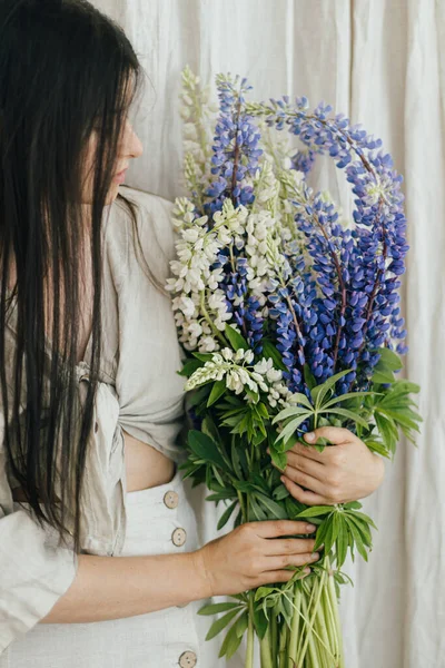 Young Female Linen Dress Posing Lupine Flowers Gathering Arranging Summer — Stock Fotó